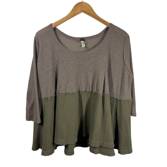 Free People We the Free Top Women XS Brown Green Color Block Boho Waffle Thermal - Picture 1 of 5
